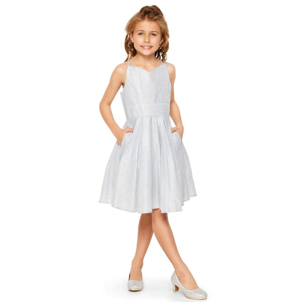 Little Girls Silver Glitter Metallic Double Strap Flower Girl Dress 4-6 - SophiasStyle.com